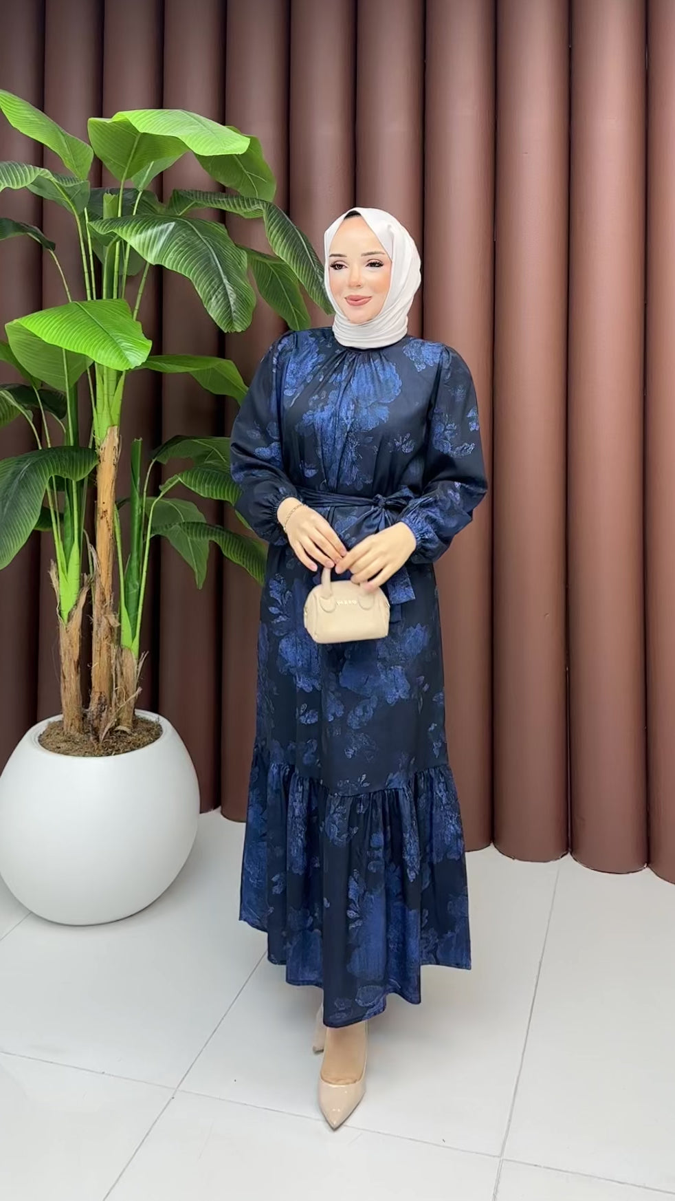 Desenli Jesika Kumaş Kuşaklı Uzun Elbise