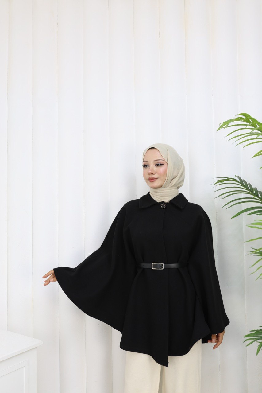 KEMER VE DÜĞME DETAYLI İTHAL KUMAŞ PANÇO