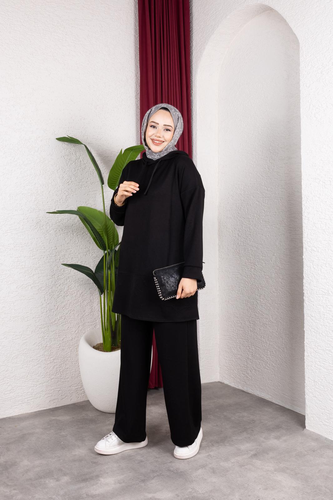 OYŞHO KAPÜŞON DETAYLI RAHAT KALIP PANTOLON BELİ LASTİKLİ İKİLİ TAKIM-remabutik