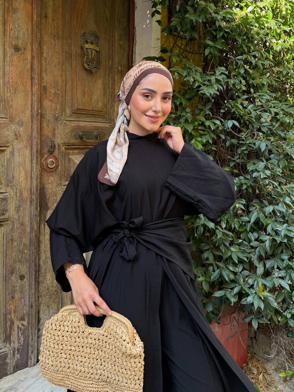 KADIN ÇİLEK KUMAŞ OVERSİZE KESİM ŞAL ABAYA PANTOLON 3'LÜ TAKIM