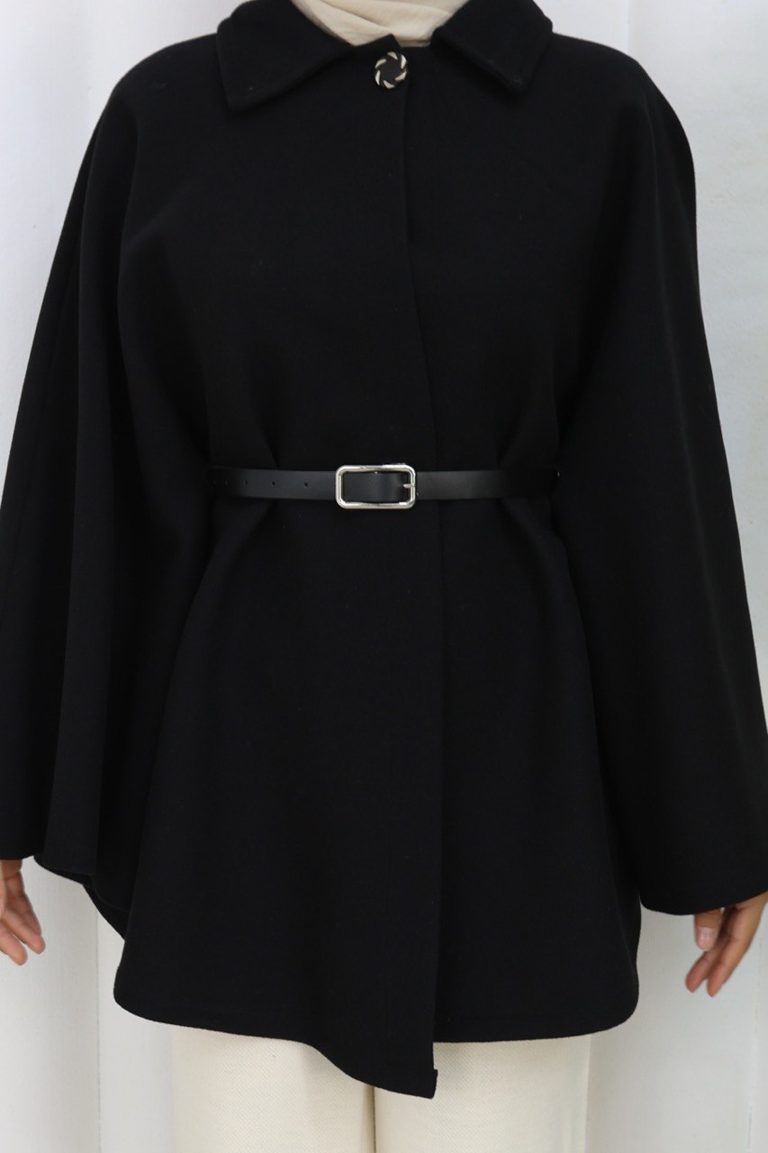 KEMER VE DÜĞME DETAYLI İTHAL KUMAŞ PANÇO