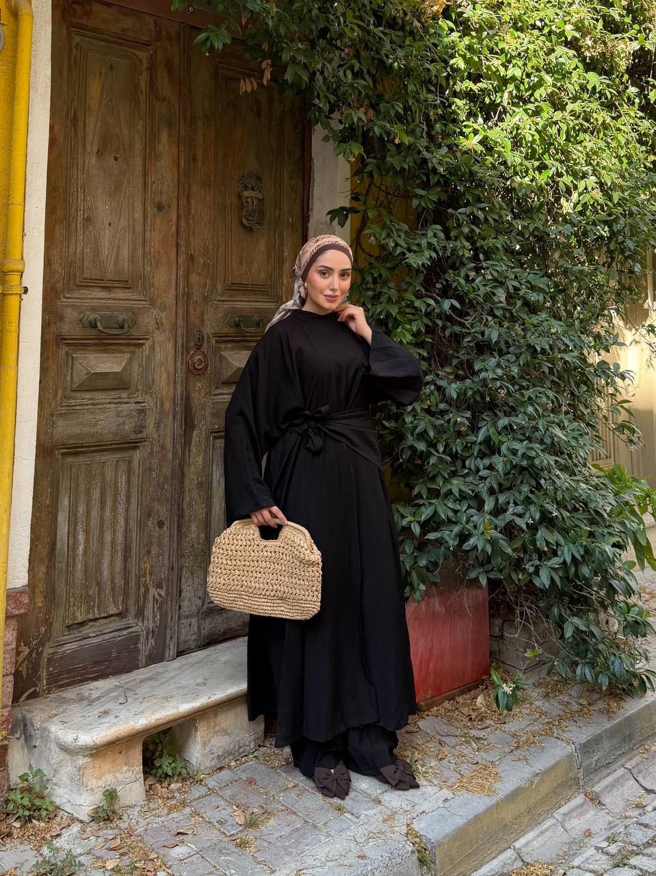 KADIN ÇİLEK KUMAŞ OVERSİZE KESİM ŞAL ABAYA PANTOLON 3'LÜ TAKIM