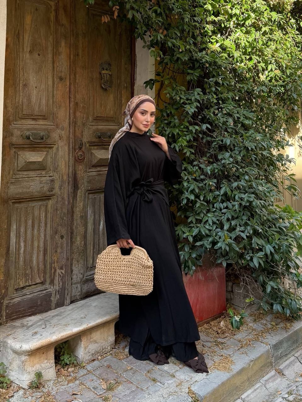 KADIN ÇİLEK KUMAŞ OVERSİZE KESİM ŞAL ABAYA PANTOLON 3'LÜ TAKIM