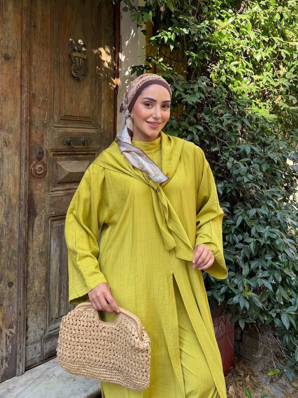KADIN ÇİLEK KUMAŞ OVERSİZE KESİM ŞAL ABAYA PANTOLON 3'LÜ TAKIM